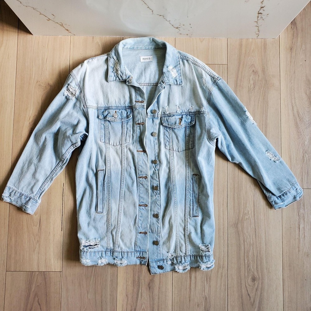 Mono B Jacket Womens L Blue Denim Distressed Longline Button Front Pockets NY